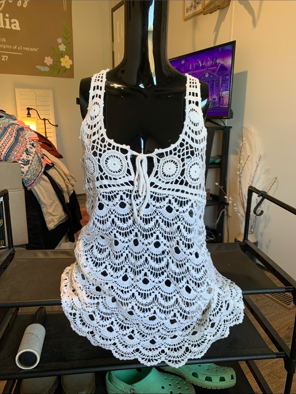 #107 White Crochet Swim Coverup Tunic with Tie Front
